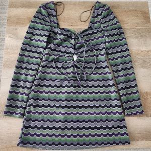 Zara Geometric Multicolor Long Sleeve Front Tie Cut Out Dress